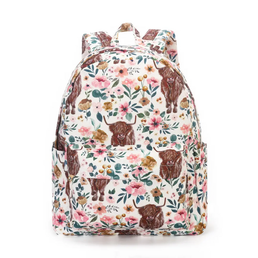 Highland Cow Floral Kids Girls Backpack